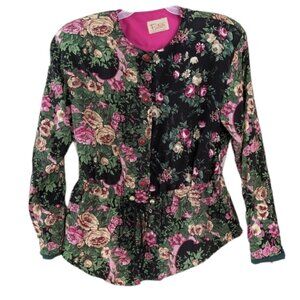 Vintage Farini pink roses floral jacket blazer jacket XL @i1